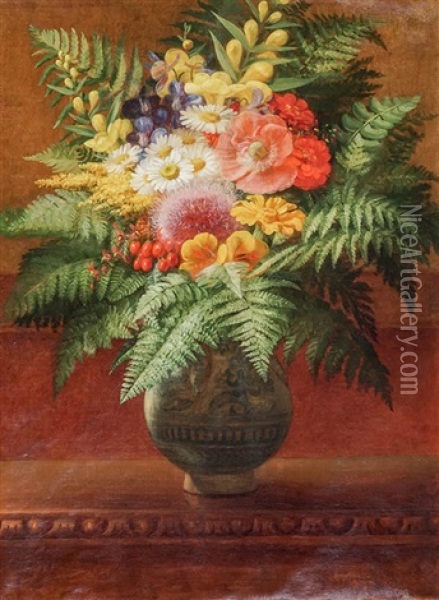 Still Life Of Flowers And Ferns In A Ceramic Jar On A Table Oil Painting - George Henry Hall