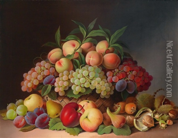 Ein Korb Mit Fruchten, Kastanien, Haselnussen Oil Painting - Jakob Wibmer