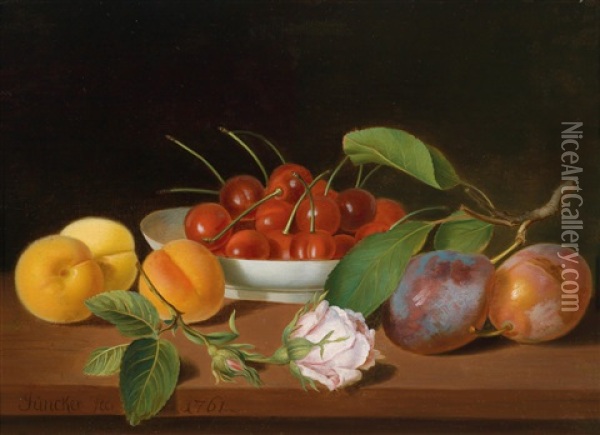 Ein Fruchtestillleben Mit Kirschen, Pfirsichen Und Zwetschgen Oil Painting - Justus Juncker