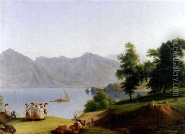 Vue D'un Lac De Montagne Anime De Bergers Et De Danseuses Oil Painting - Johann Jakob Biedermann