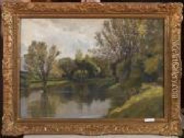Flusslandschaft Mit Fischer. Oil Painting - Edme Emile Laborne