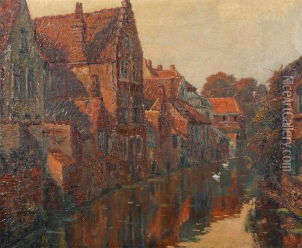 Canal In Bruges Or Ghent Oil Painting - Lucien Frennet
