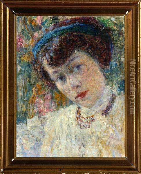 A Young Woman With A White Blouse And A Blue Bandeu Oil Painting - Evelyne Dufau