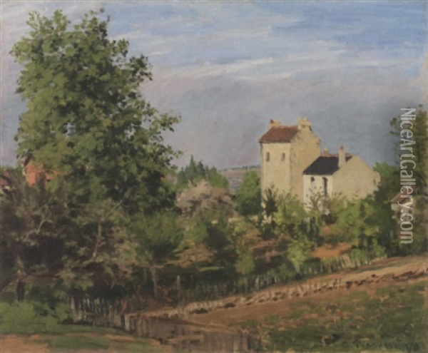 Paysage Avec Maisons Blanches A Droite - Environs De Pontoise Oil Painting - Camille Pissarro