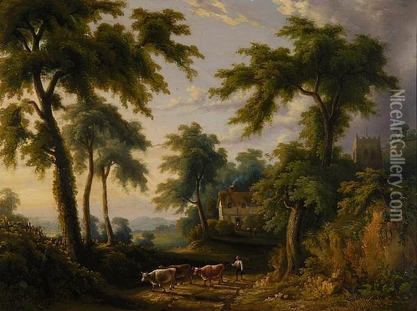 Cattle And Drover In A Country Lane Oil Painting - Henry Ladbrooke