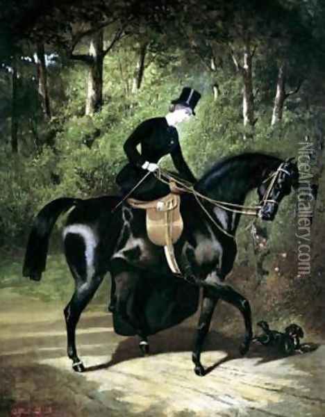The Rider Kipler on her Black Mare Oil Painting - Alfred Dedreux