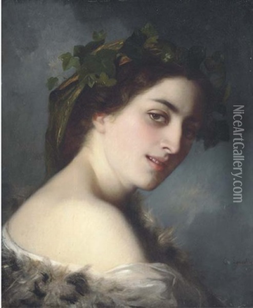 Portrait Of A Lady, Head And Shoulders, Wearing A Coronet Of Ivy And A Fur Wrap Oil Painting - Charles Zacharie Landelle