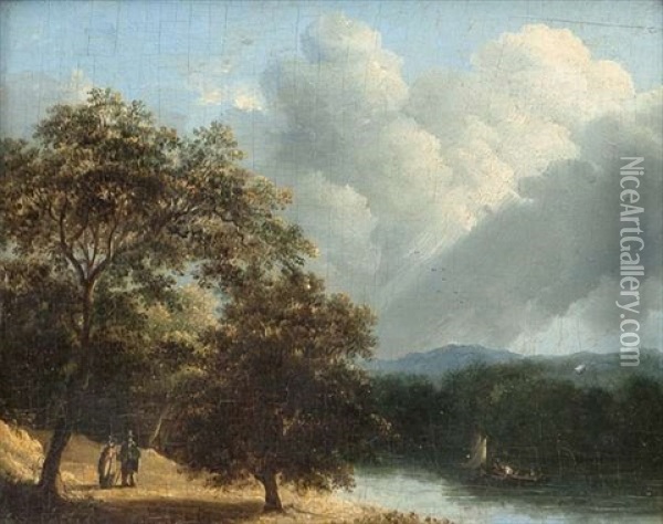 River Landscape With Figures In A Boat And Couple Walking Oil Painting - James Arthur O'Connor