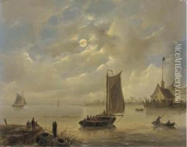 Approaching A Harbour Town By Moonlight Oil Painting - Govert Van Emmerik