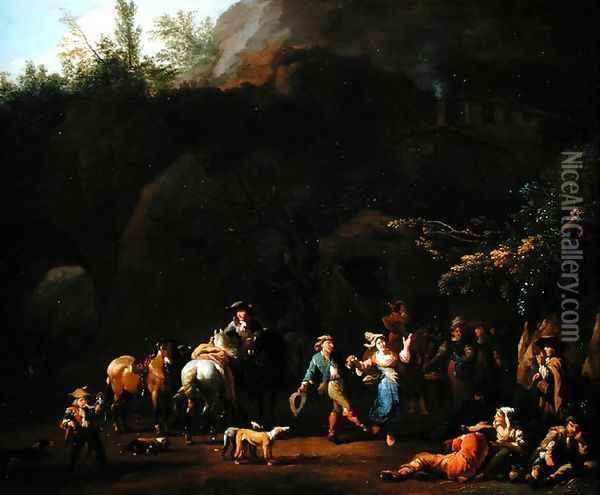 Cavernous Landscape with Peasants Oil Painting - or Huchtenburgh, Jan van Huchtenberg