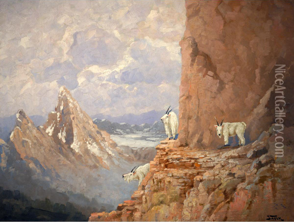 Glacier Park Goats Oil Painting - John Fery