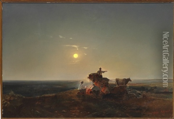 Nomads Around A Fire On The Plain In Moonlight Oil Painting - Aleksei Kondratevich Savrasov