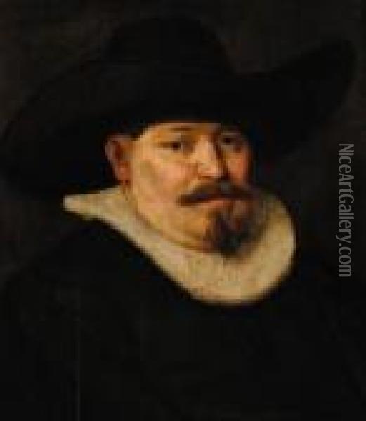 Portrait Of Cornelis Claesz. Anslo, Bust-length, In Black Costume,a Black Hat And A Ruff Oil Painting - Rembrandt Van Rijn