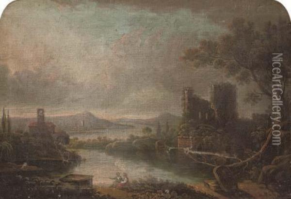 An Italianate Wooded River 
Landscape With Figures In The Foreground, A Ruined Castle Beyond Oil Painting - Giuseppe Zais