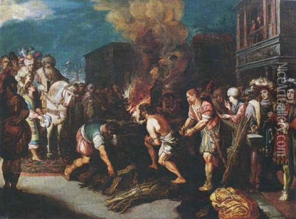 A Man Being Led To A Burning Pyre, Elegantly-dressed Spectators Watching Nearby Oil Painting - Gaspar van den Hoecke