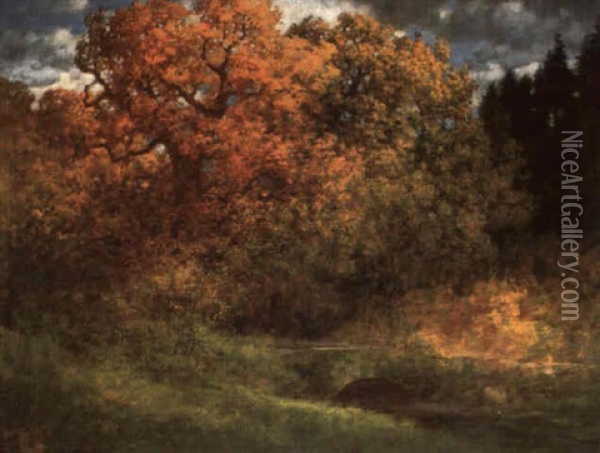 Herbstlicher Laubbaum Im Wald, Im Vordergrund Bach Mit      Steinbrucke Oil Painting - Traugott Hermann Ruedisuehli