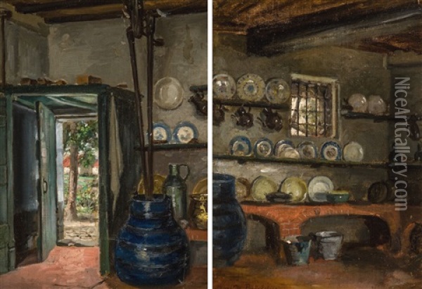 Interieurs De Ferme (2 Works) Oil Painting - Henri de Braekeleer