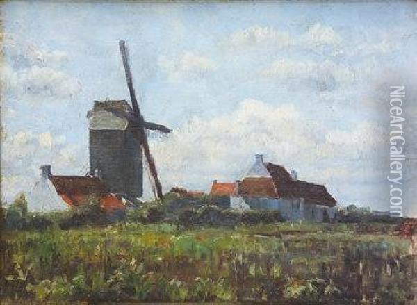 Cottages & Windmill Oil Painting - Dermod William O'Brien