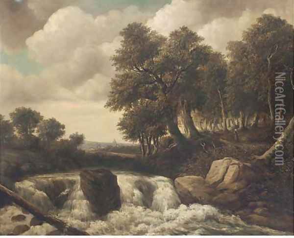Figures in a woodland landscape by a waterfall Oil Painting - Dutch School