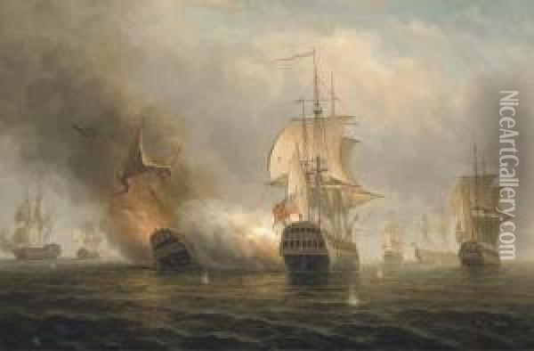 A Naval Engagement Oil Painting - James Hardy