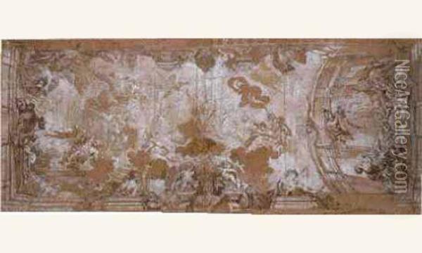 L'olympe : Projet De Plafond A Sujet Allegorique Comprenant Un
 Cartouche Decore De Fleurs De Lys Oil Painting - Ludovico Gimignani