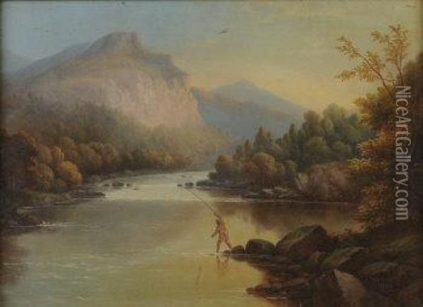 River Landscape With Solitary Fisherman Oil Painting - James Burras