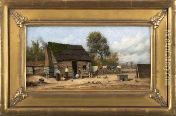 Southern Cabin Scene With Family
 Surrounded By Chickens And Laundry Hanging On A Wood Fence Oil Painting - William Aiken Walker