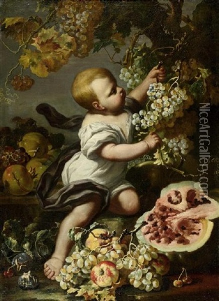 Stillleben Mit Trauben, Melone Und Putto Oil Painting - Michelangelo di Campidoglio