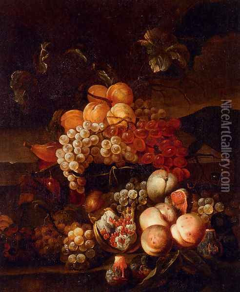 Still Life Of Grapes, Peaches, And Figs With A Landscape Beyond Oil Painting - Jakab Bogdany