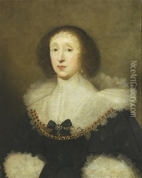 Portrait Of Carew Gorges, Wife Of John Crewe (1626 - 1684) Oil Painting - Cornelis Jonson Van Ceulen