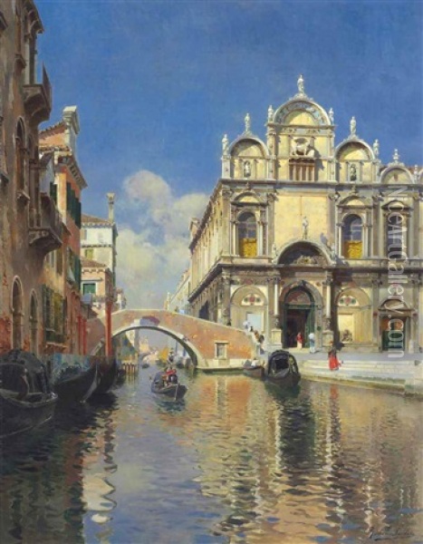Scuola Grande Di San Marco And The Ponte Cavallo On The Rio Dei Mendicanti, Venice Oil Painting - Rubens Santoro