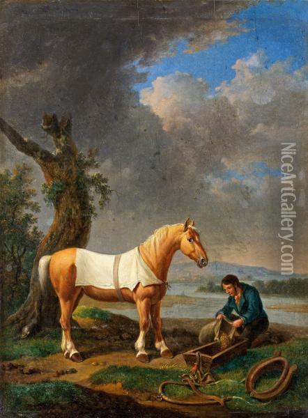 D Flodlandskap Med Rastande Hast Och Ryttare Oil Painting - Alexander Johann Dallinger Von Dalling