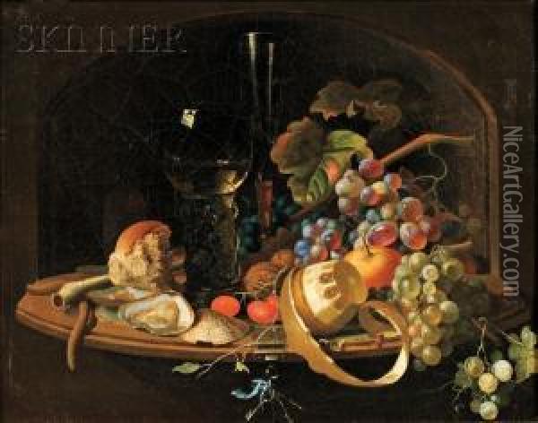 Still Life With Romer, 
Fruit, 
And Oysterson A Ledge Oil Painting - Willem Claesz. Heda