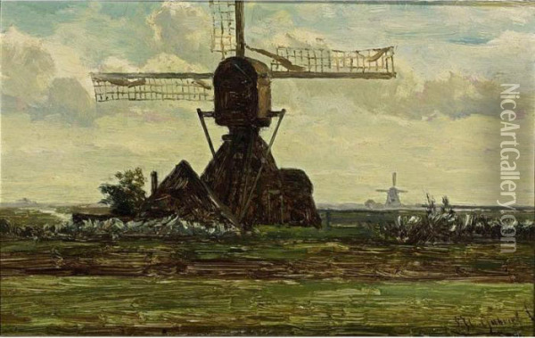A Mill In A Polder Landscape Near Abcoude Oil Painting - Paul Joseph Constantine Gabriel