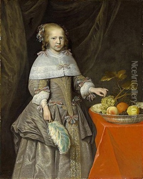 A Portrait Of An Eight-year Old Girl, Wearing A Silver-grey Silk Dress With Coloured Ribbons, White Lace Cuffs And Collar, Pearl Earrings And Necklace, Beside A Table Oil Painting - Jan Albert Rootius