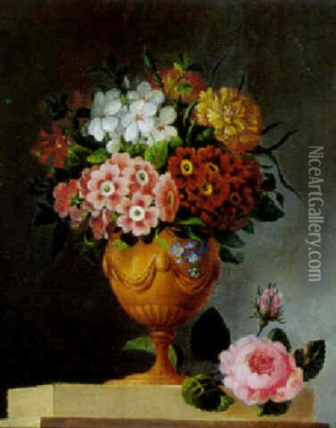 Opstilling Med Brogede Blomster I En Vase Pa En Karm Ved Vasens Fod En Lyserod Rose Oil Painting - Christian Strodtmann