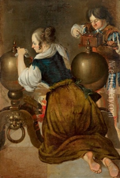 Allegorie Des Feuers, Eine Frau Beim Putzen Von Feuerbocken, Allegoria Del Fuoco Oil Painting - Domenico Feti