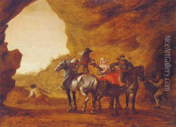 Bandits Hijacking A Couple Travelling On A Donkey Oil Painting - Pieter Jacobs Codde