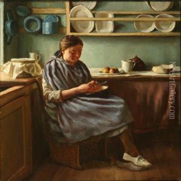 Girl In A Kitchen Oil Painting - Sophus Vermehren
