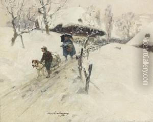 Schneetreiben Im Entlebuch. Oil Painting - Hans Bachmann