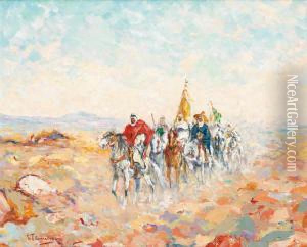 La Chevauchee Des Caids, Drapeaux En Tete Oil Painting - Gustave Flasschoen