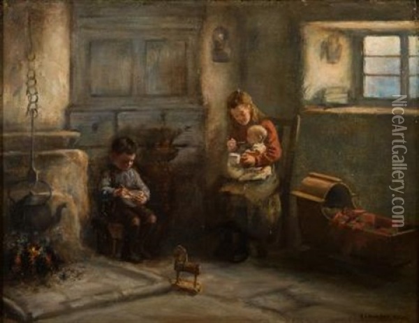 A Cottage Interior With A Young Girl Feeding A Baby And A Boy Mixing A Bowl Oil Painting - Henry John Dobson
