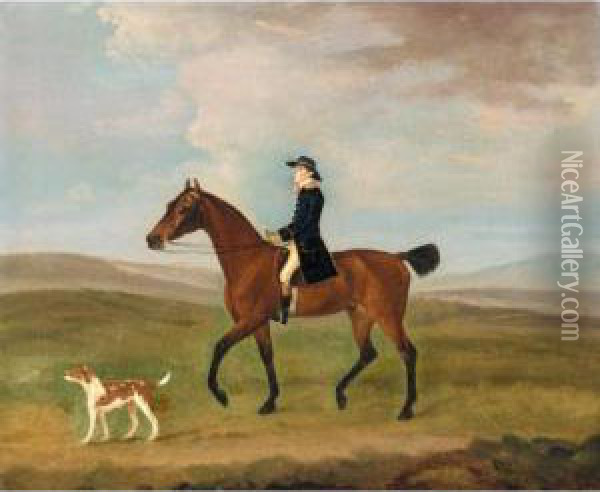 A Liveried Groom Exercising A Bay Hunter Accompanied By A Dog Oil Painting - J. Francis Sartorius