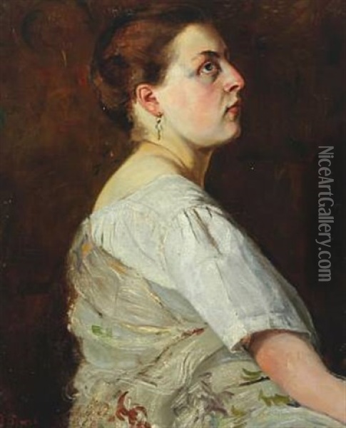 Profile Portrait Of A Young Woman Wearing A Short Sleeved White Shirt With A Gray Shawl Oil Painting - Gustaf-Oskar Bjoerk