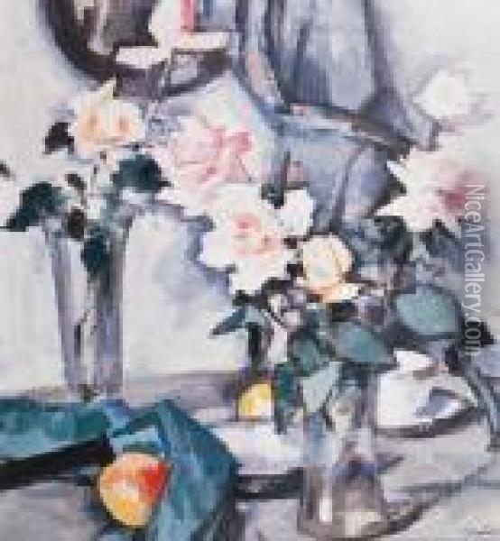 Roses And Teacup Oil Painting - Samuel John Peploe