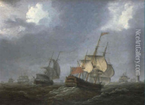 A Squadron Of The Red Manoeuvering Off A Lighthouse Oil Painting - William Anderson