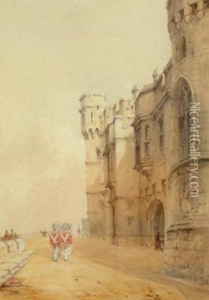 Guards Marching Before The North Entrance To Windsor Castle; Watercolour, 29.3x19.5cm Oil Painting - Henry Bryan Ziegler
