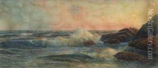 Seabreaking On A Rocky Shore Oil Painting - George Howell Gay