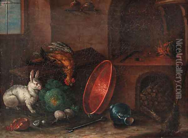A rabbit near a cabbage, a copper pan and other utensils in a kitchen Oil Painting - Justus Juncker