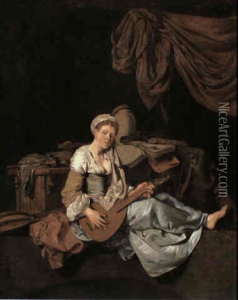 A Girl Playing A Cittern Seated In An Interior Before A     Table Laden With Books And Musical Instruments Oil Painting - Cornelis Pietersz Bega